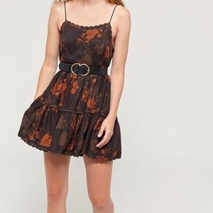 UO Hanna Rayon Scallop Babydoll Dress Black Multi